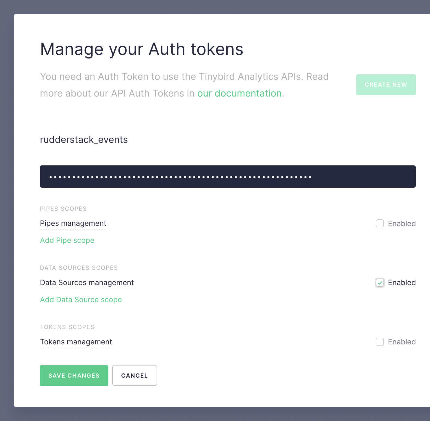 Create a token with scope to create Data Sources